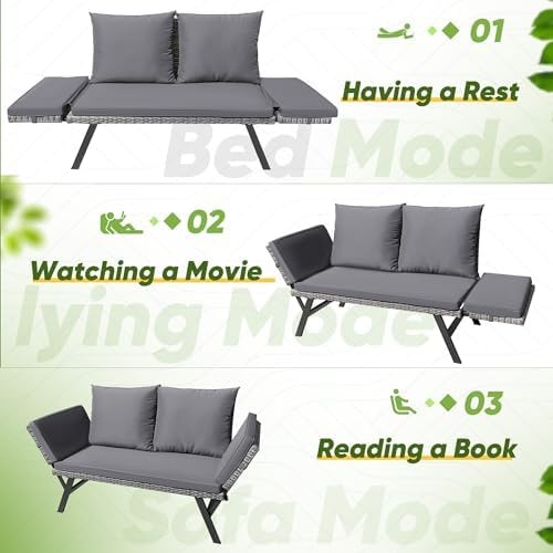 Greesum Outdoor Sofa, Woven Rattan Patio Furniture, Convertible Daybed or Dou…