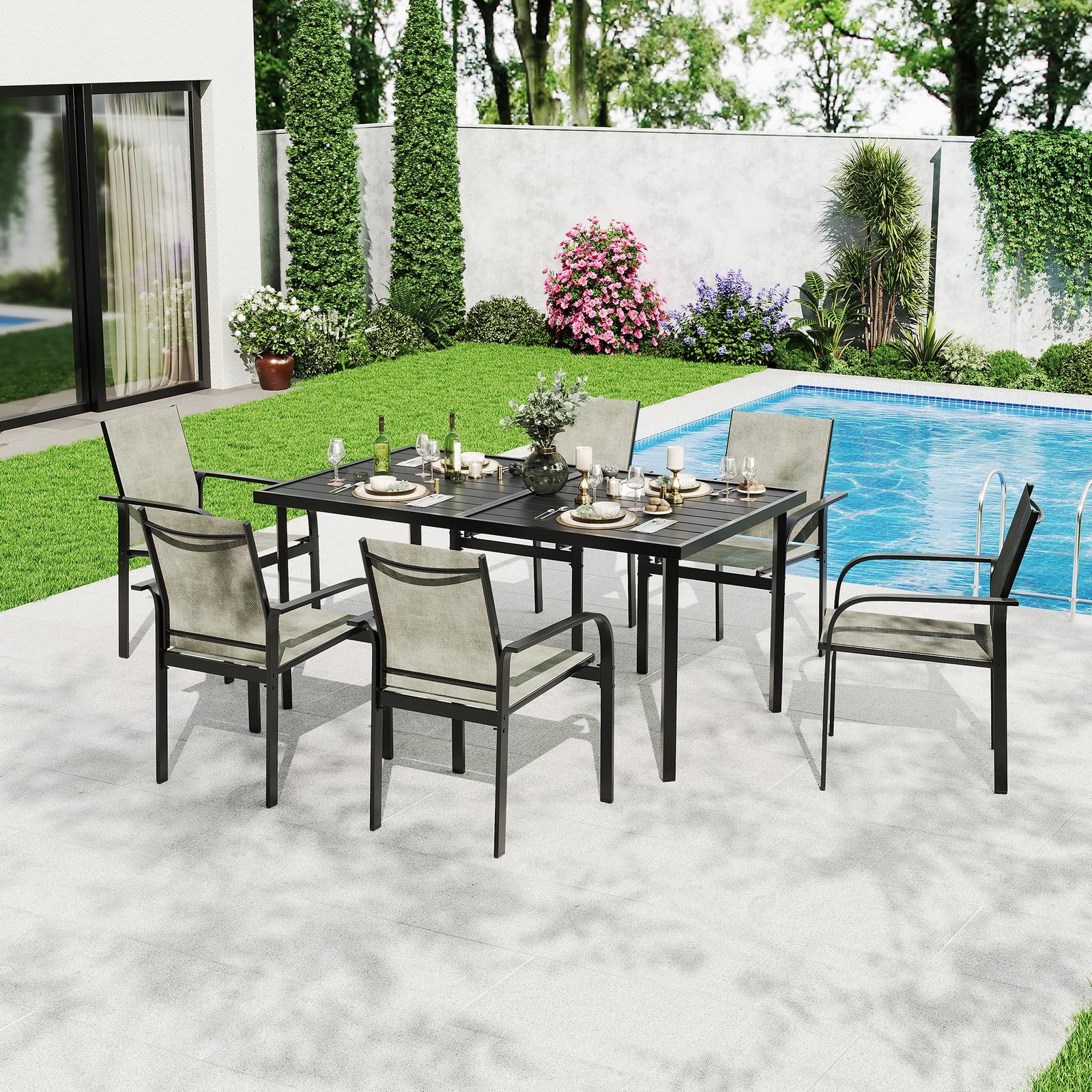 7 Piece Patio Dining Set Table 6 Chairs Textilene Seats Metal Rectangle Backyard