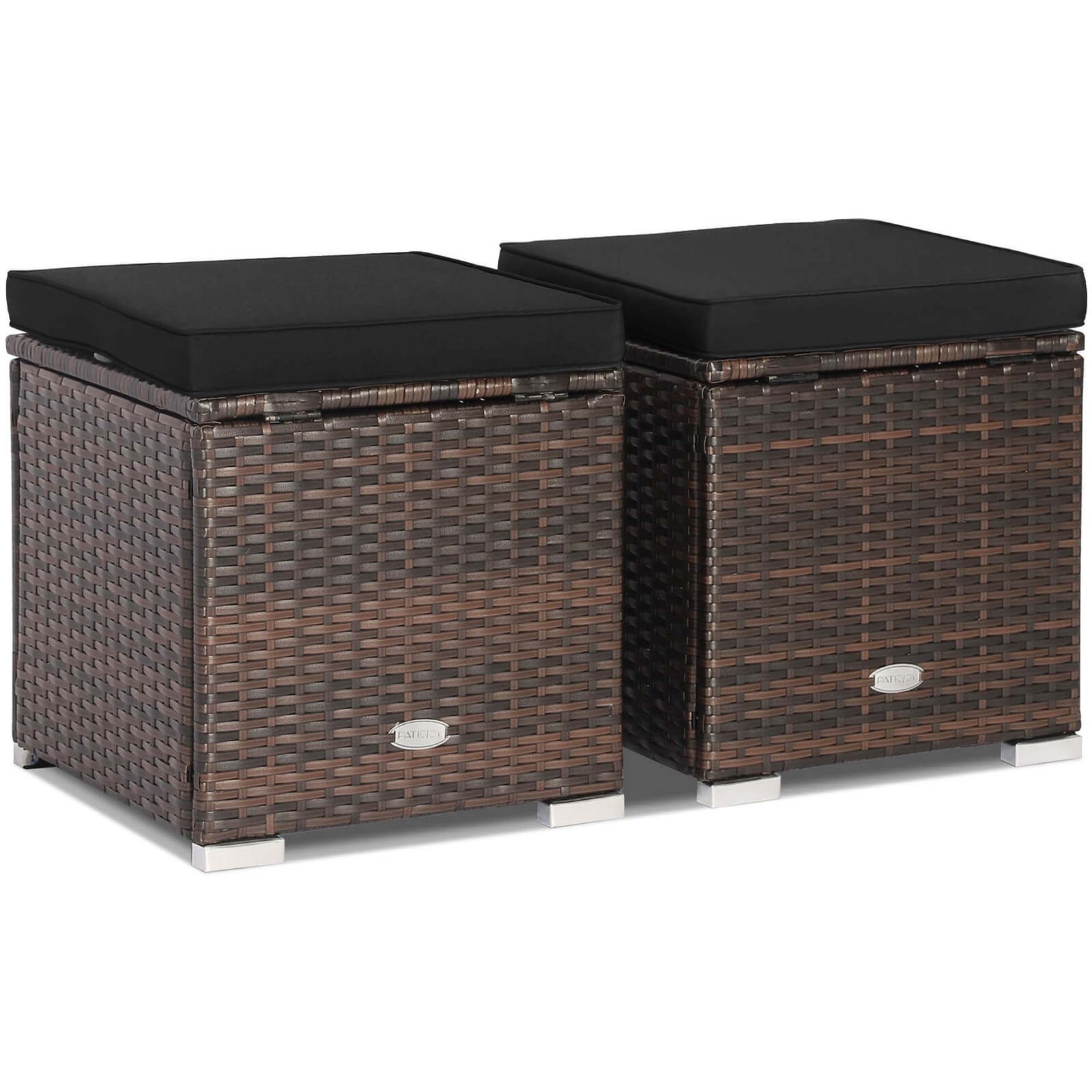 2PCS Rattan Ottomans Seat Side Table Storage Box Footstool w/ Black Cushion