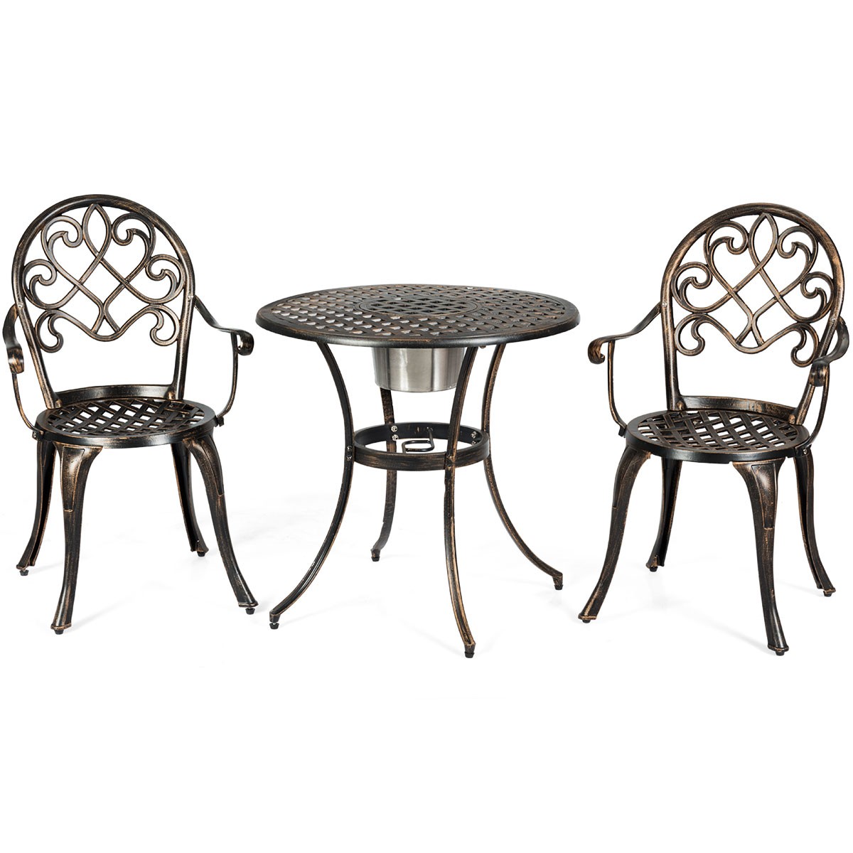 3pcs Outdoor Set Cast Aluminum Patio Bistro w/Attached Removable Ice Bucket