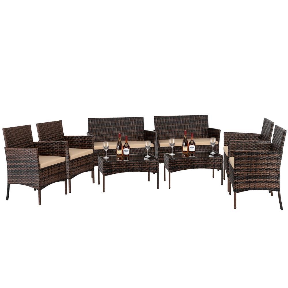 8 PCS Patio Rattan Sofa Set Outdoor Patio PE Cushioned Couch Wicker Furniture