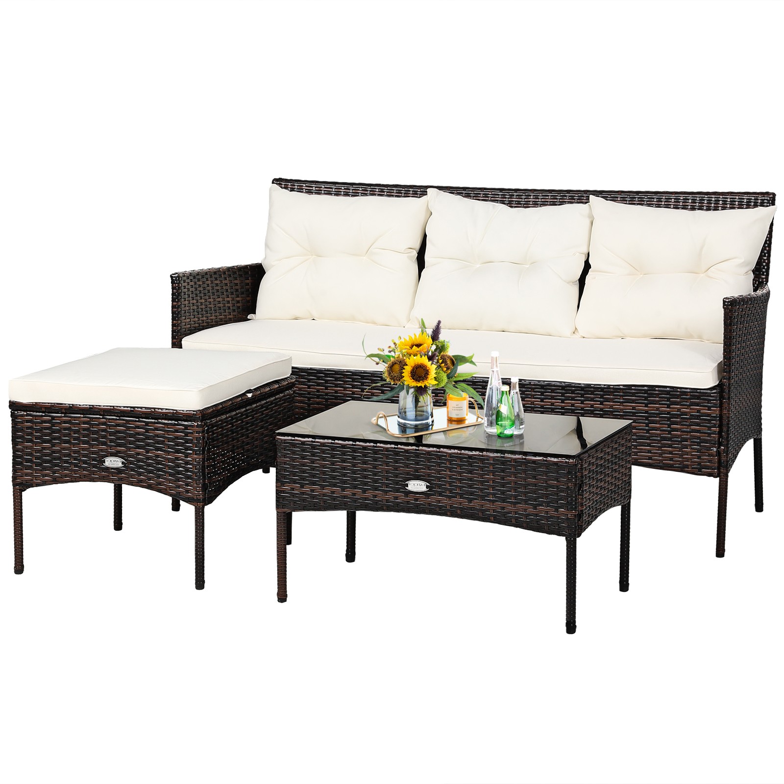 Patiojoy 3-Seat Sofa Cushioned Table 3PCS Patio Rattan Furniture Set Garden
