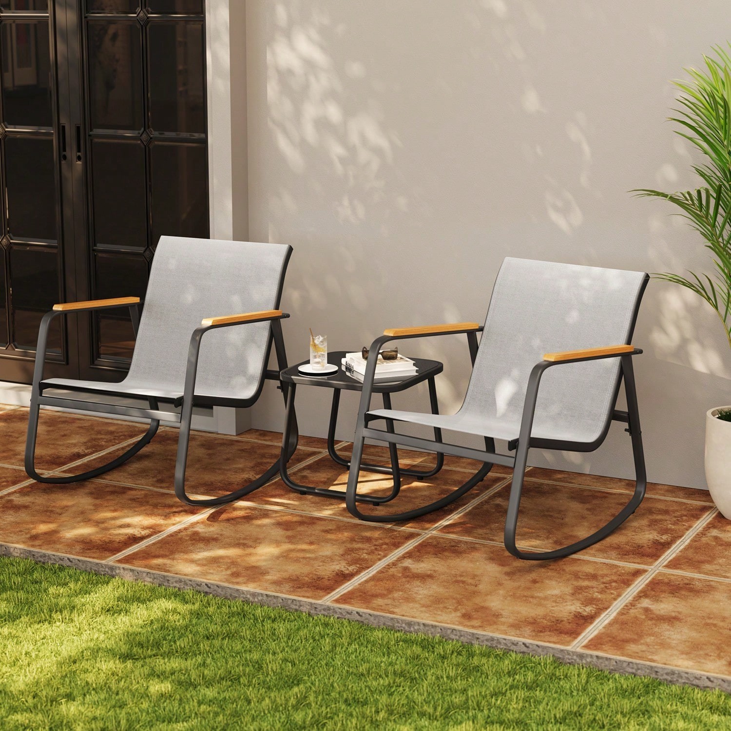 3-Piece Outdoor Bistro Set Rocking Chairs With Coffee Table Patio Furniture