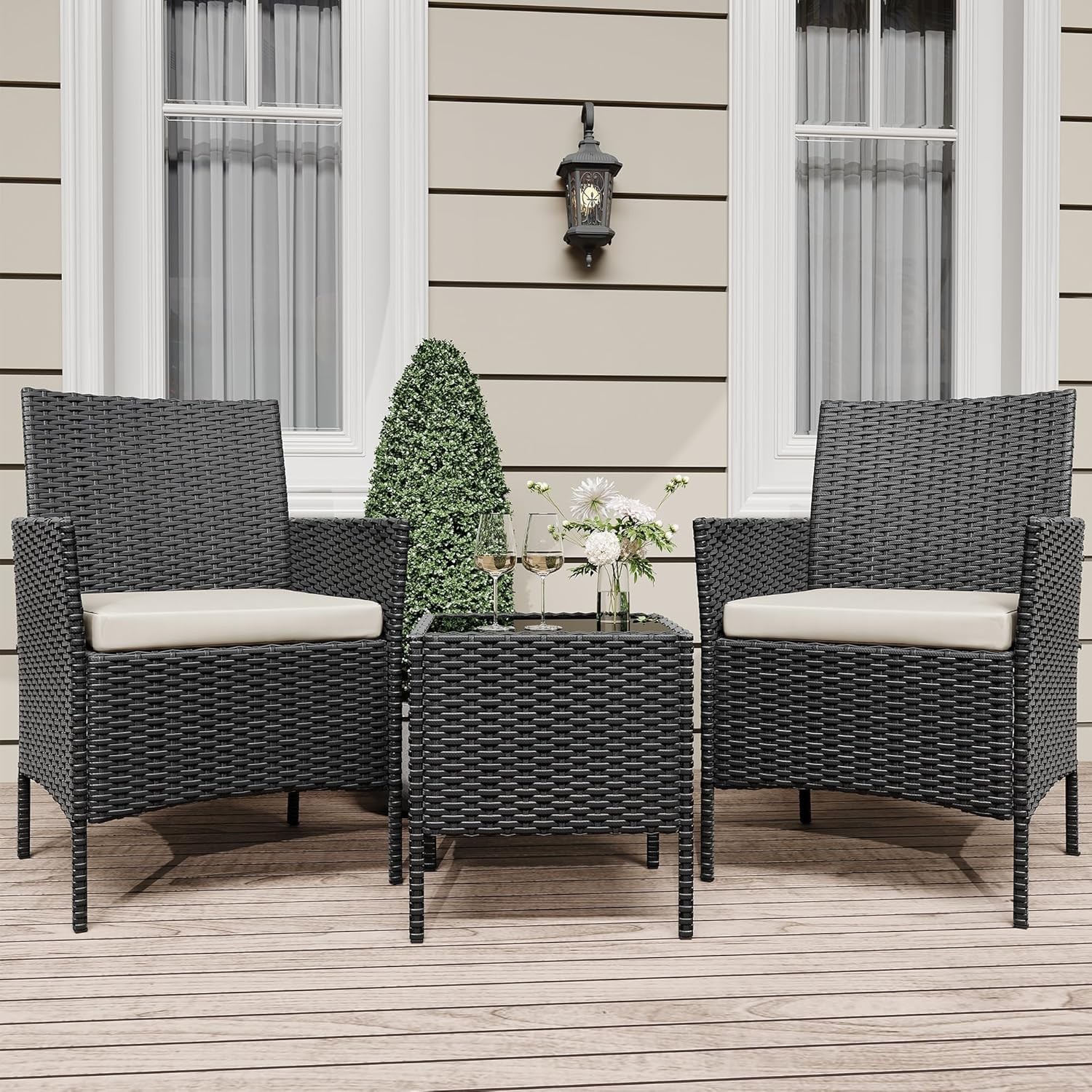 3 Piece Outdoor Rattan Chair Set w Cushion&Glass Table, Wicker Conversation Set