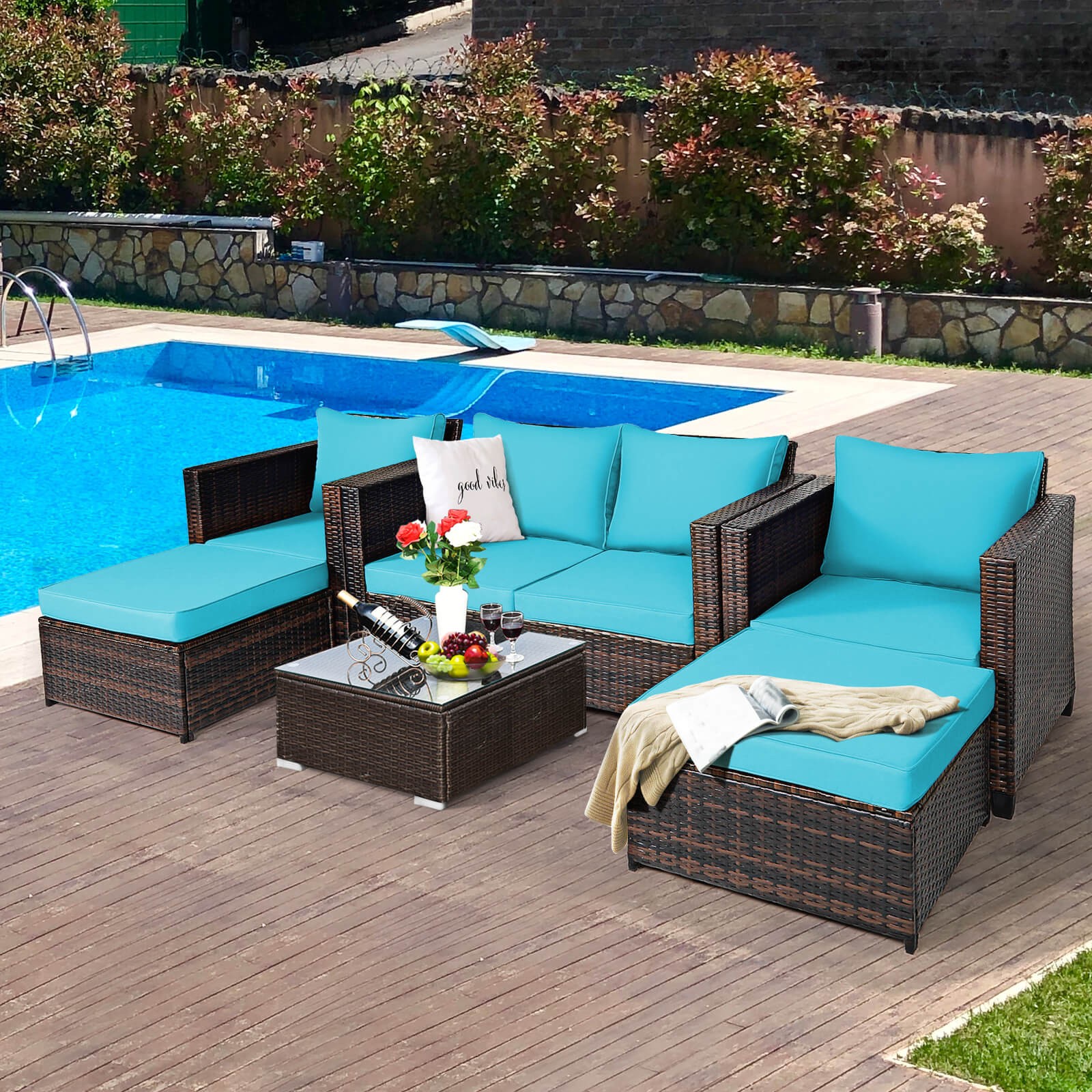 Patiojoy 5PCS Patio Rattan Furniture Set Turquoise Loveseat Sofa Ottoman Cushion