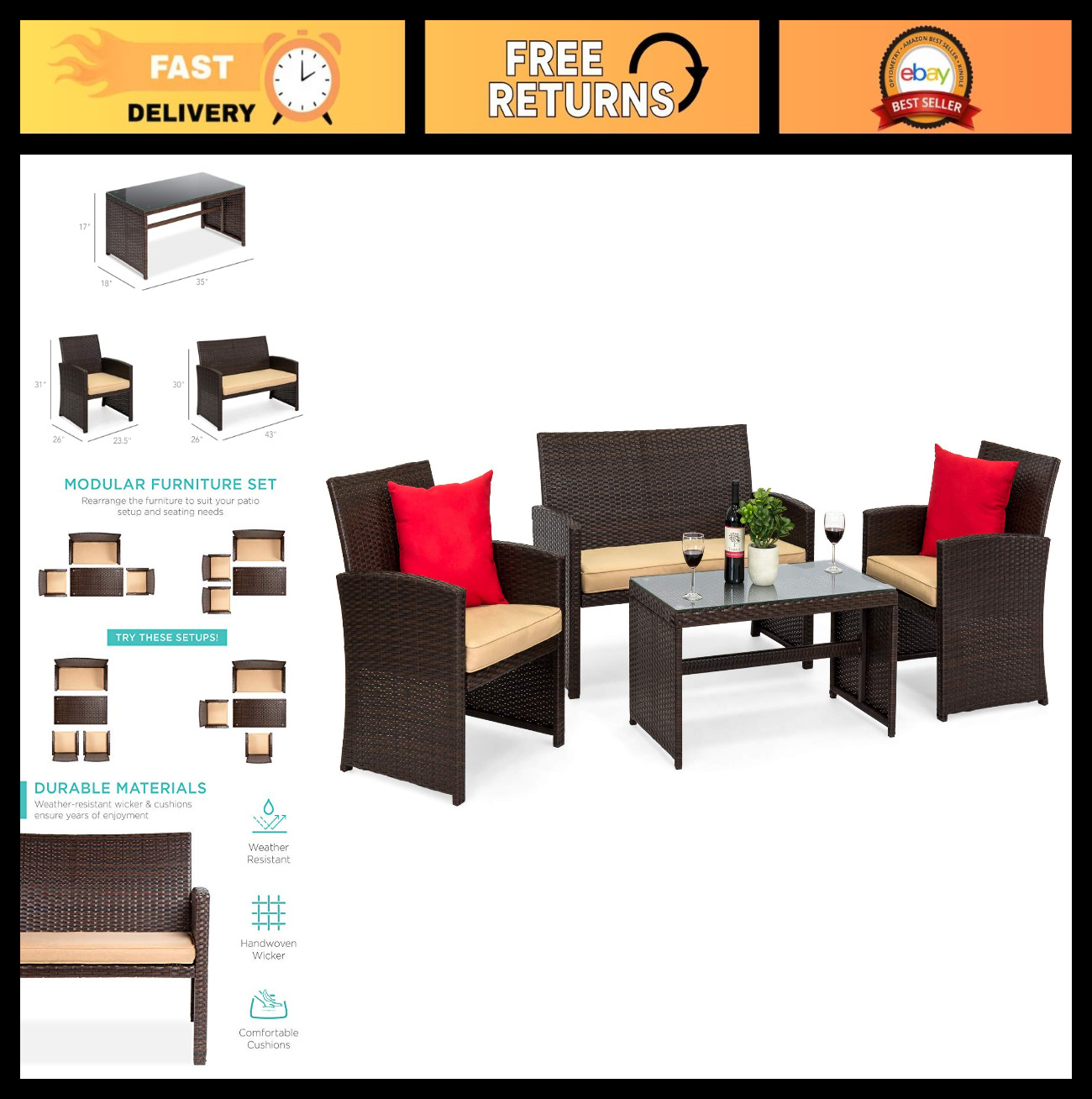 4-Piece Outdoor Wicker Patio Conversation Set w/Coffee Table & Cushions – Brown/