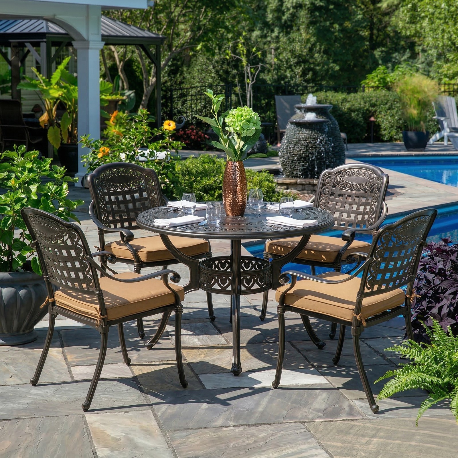 5 Piece Outdoor Patio Dining Set Cast Aluminum Dining Table & 4 Stackable Chairs