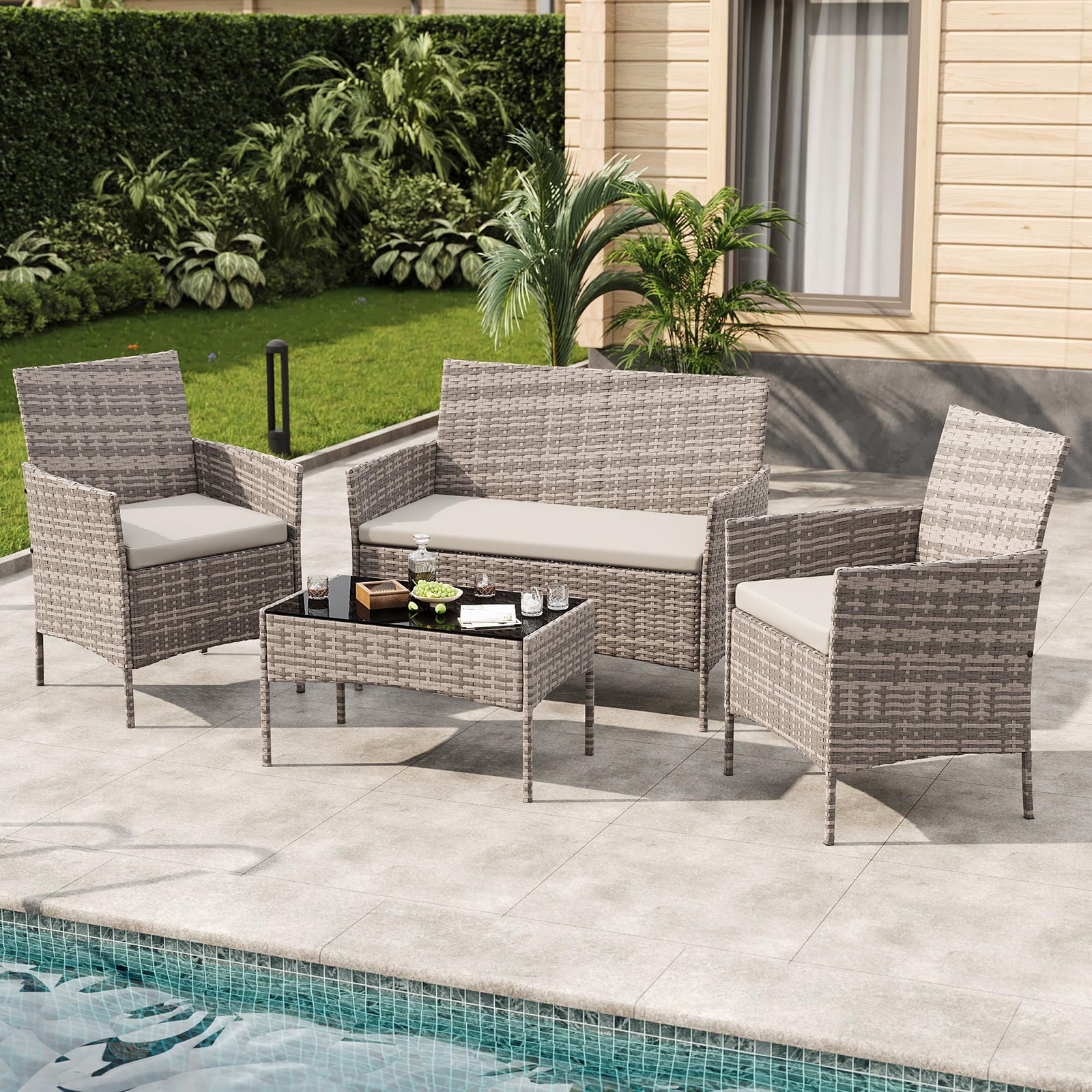 4-Pieces Patio Furniture Set Outdoor Sectional Sofa Rattan Wicker Sofa W/ Table