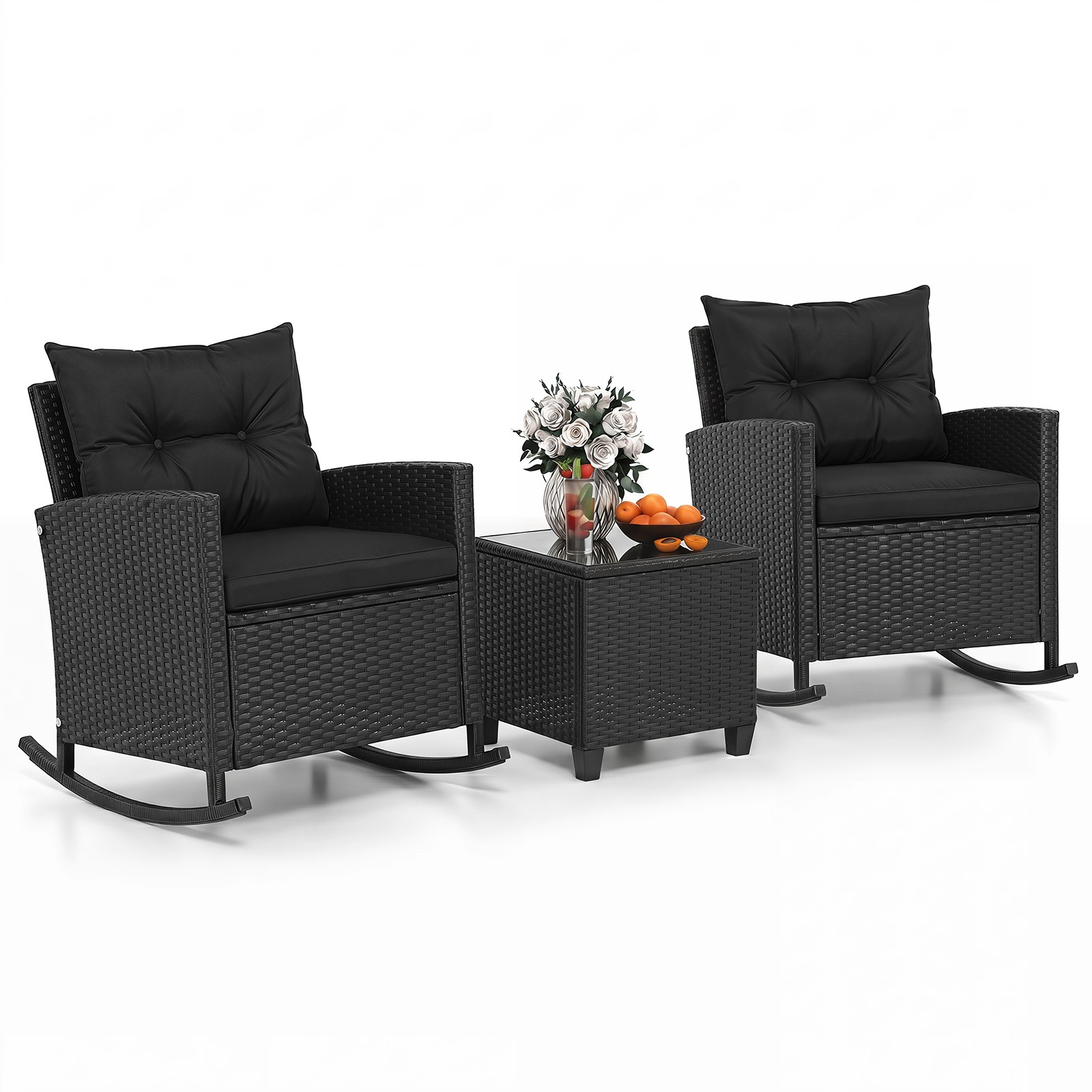 3 PCS Patio Wicker Rocking Set w/ Tempered Glass Table & Soft Cushions Outdoor