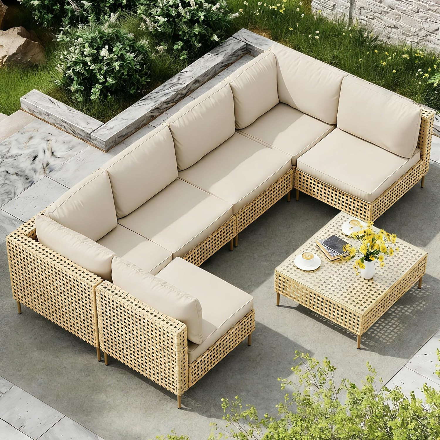 7-Piece Wicker Outdoor Patio Furniture Set, Modular Rattan Outdoor Furniture, Pa
