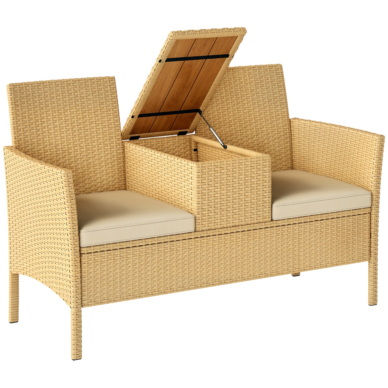 Outsunny Rattan Patio Loveseat Wicker Sofa with Built-in Coffee Table Khaki