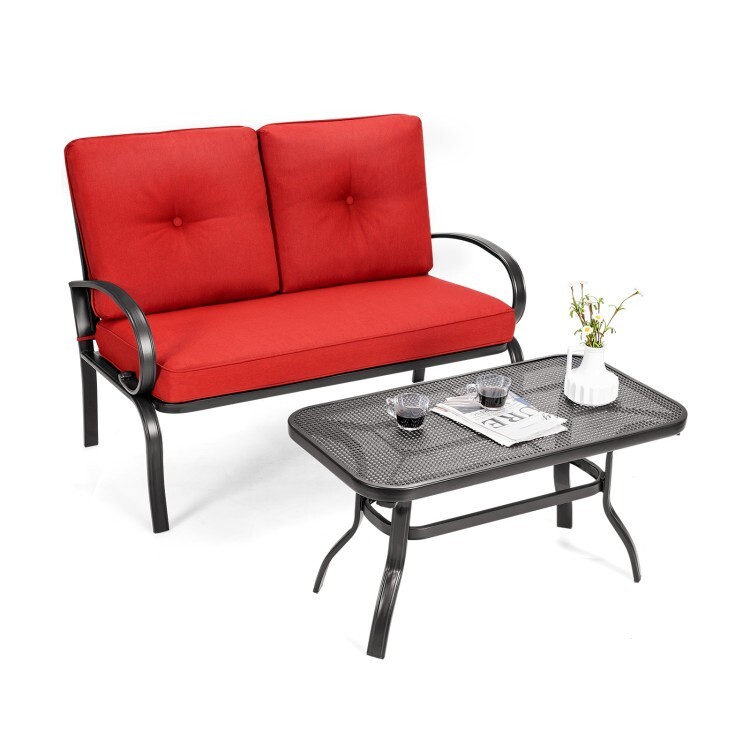 2Pcs Modern Patio Outdoor Loveseat Conversation Set Cushioned Coffee Table Seat