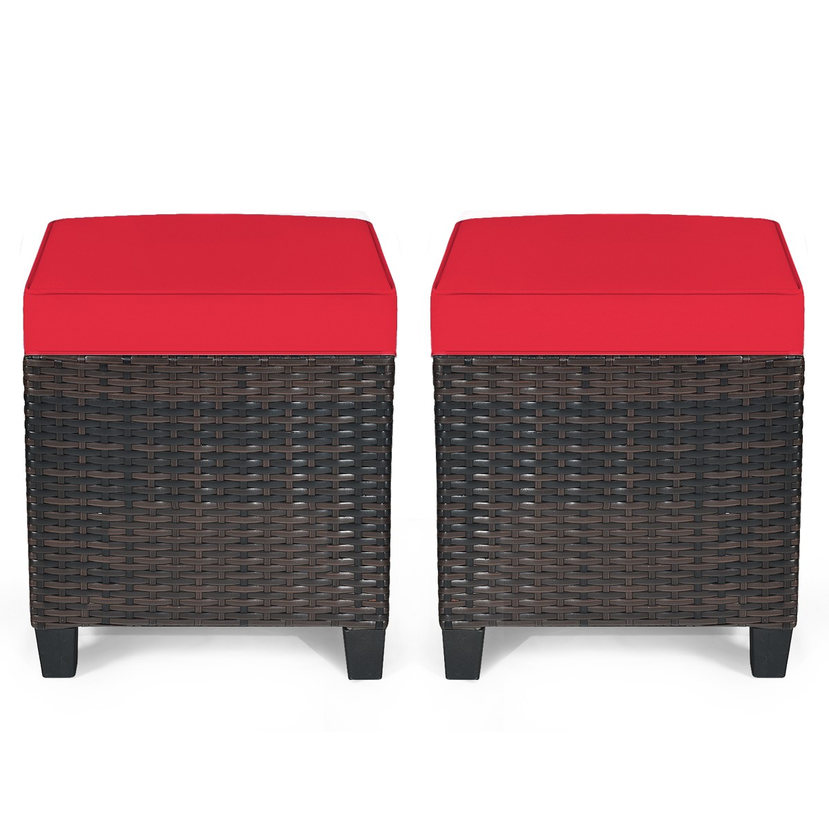 Patiojoy 2PCS Patio Rattan Ottoman Cushioned Seat Foot RestTable GardenRed