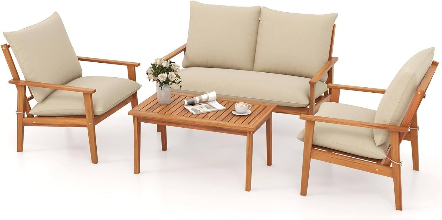 4 Pieces Patio Furniture Set Outdoor Acacia Wood Conversation Set W/ Soft