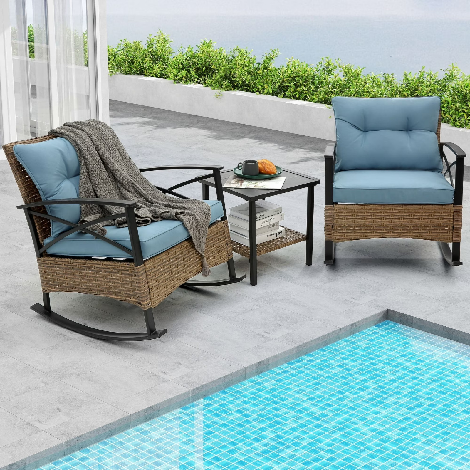 3-Piece Wicker Outdoor Patio Rocking Chair Set Blue Cushions & Coffee Table