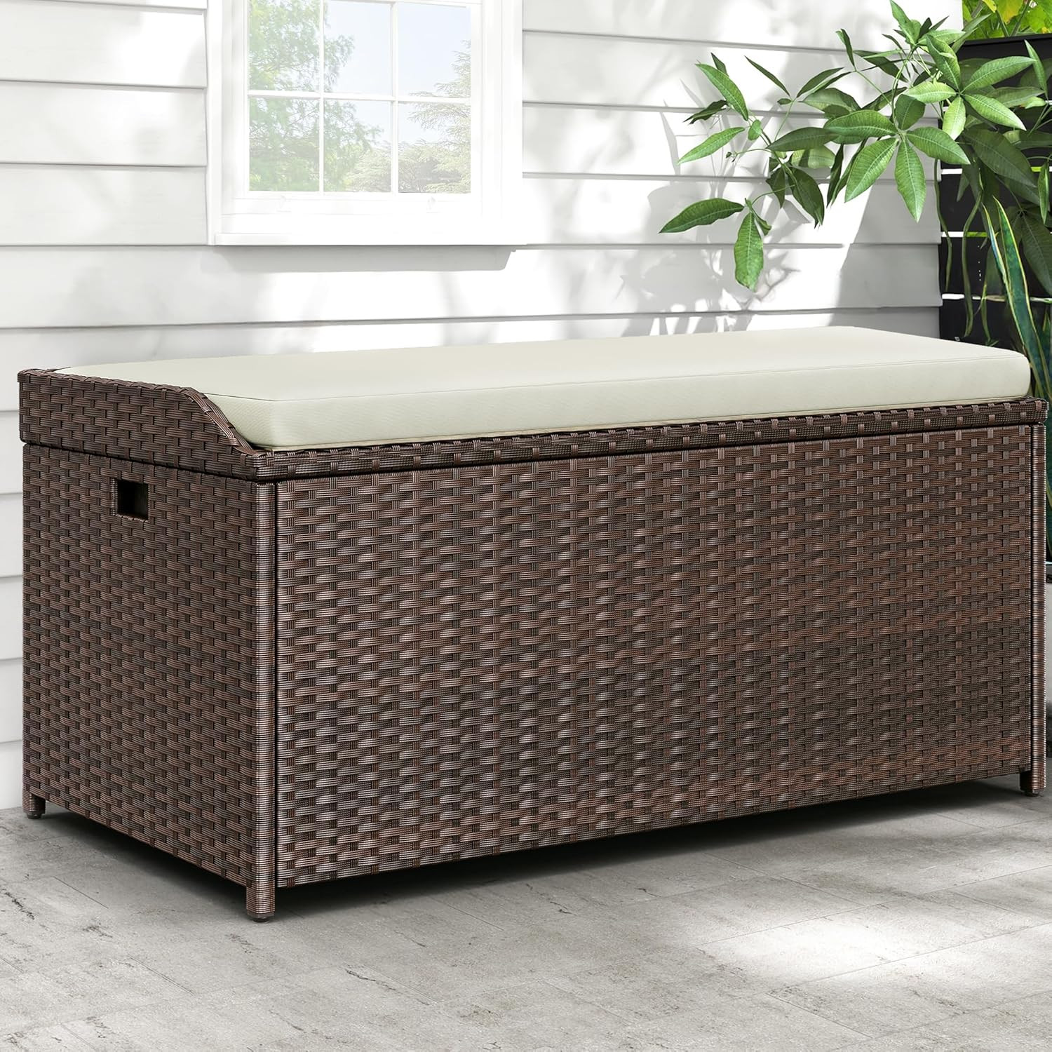 Outdoor Storage Bench, 70 Gallon PE Rattan Patio Storage Bench W/Handles and Sof
