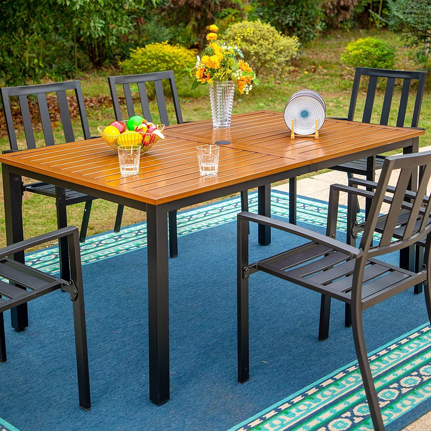 7PCS Outdoor Dining Set Patio Table & Chairs Set 65″ Table With Umbrella Hole