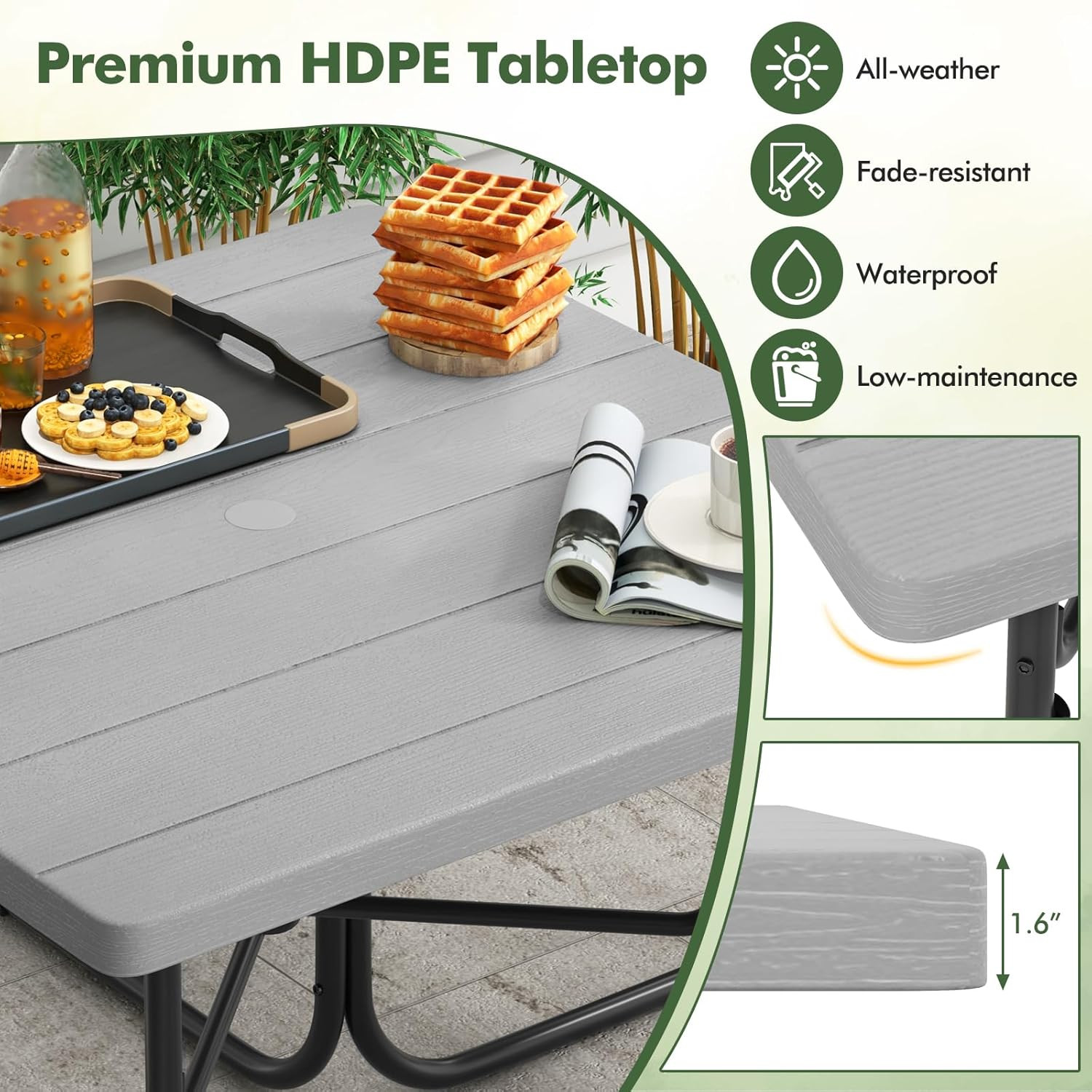 4-8 Person Square Picnic Table Bench Set with Umbrella Hole, Outdoor Camping Ta