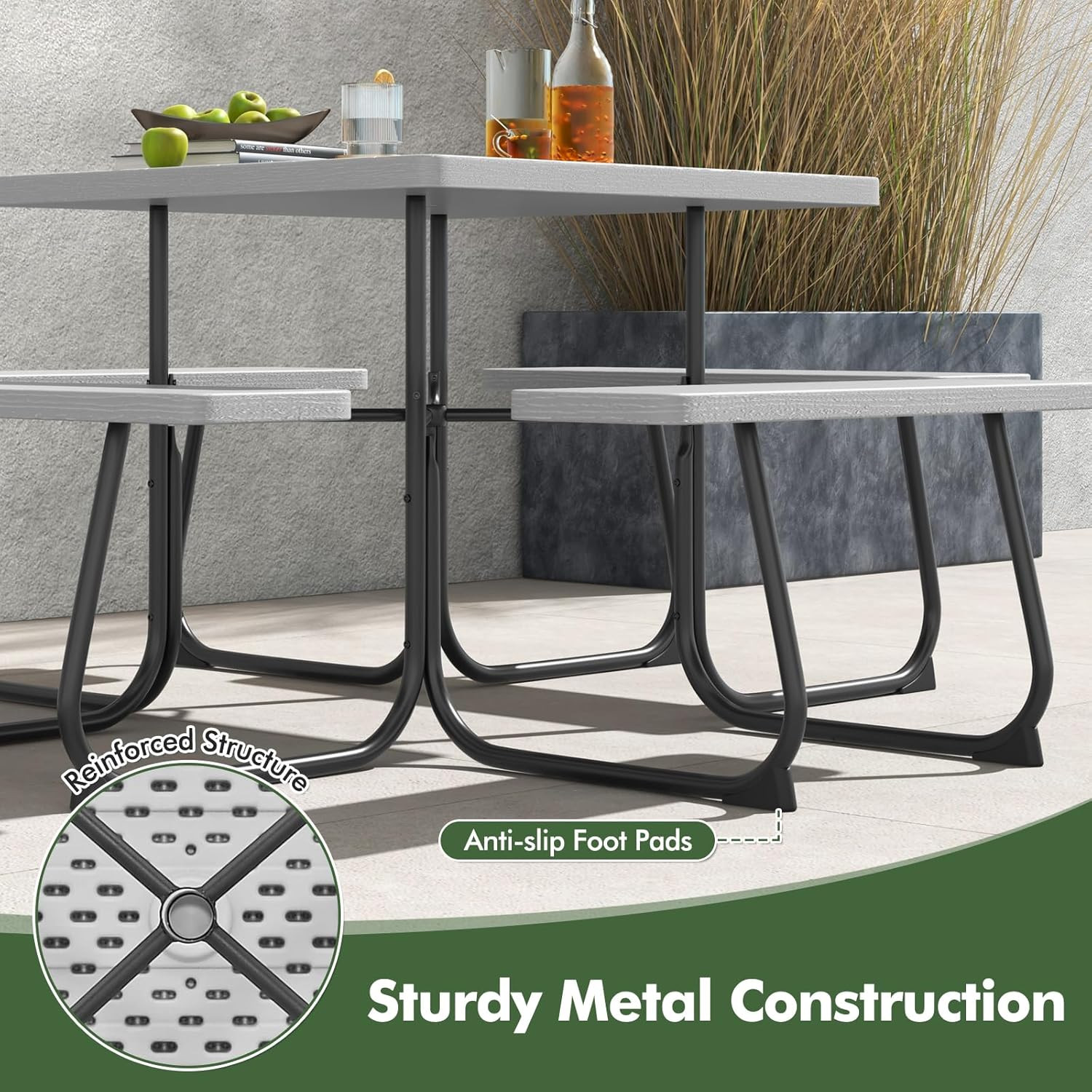 4-8 Person Square Picnic Table Bench Set with Umbrella Hole, Outdoor Camping Ta