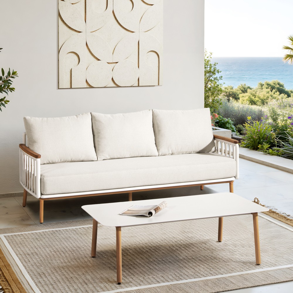 Outdoor Patio Sofa & Coffee Table Set w/ Teak Armrests & Aluminum Frame