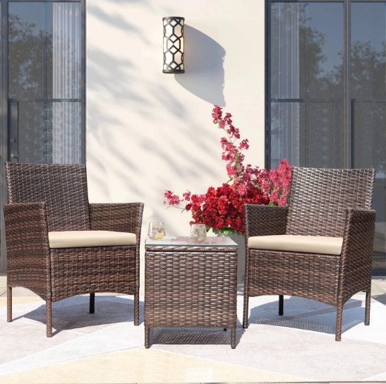 Devoko 3pc Outdoor Patio Conversation Set Wicker Bistro Chairs Beige