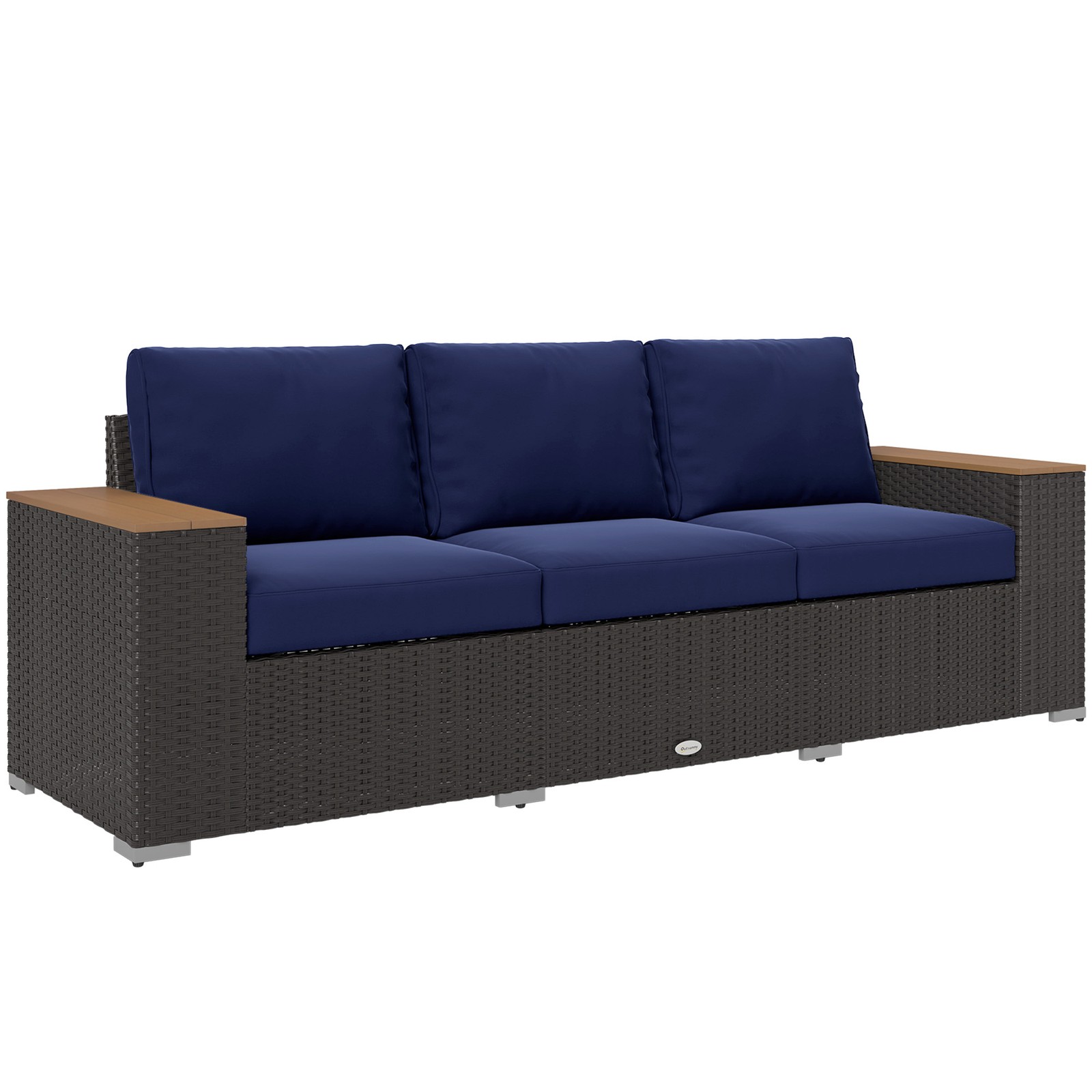 3-Seat Outdoor Patio Sofa with Cushions, PE Rattan Wicker Sofa, Navy Blue
