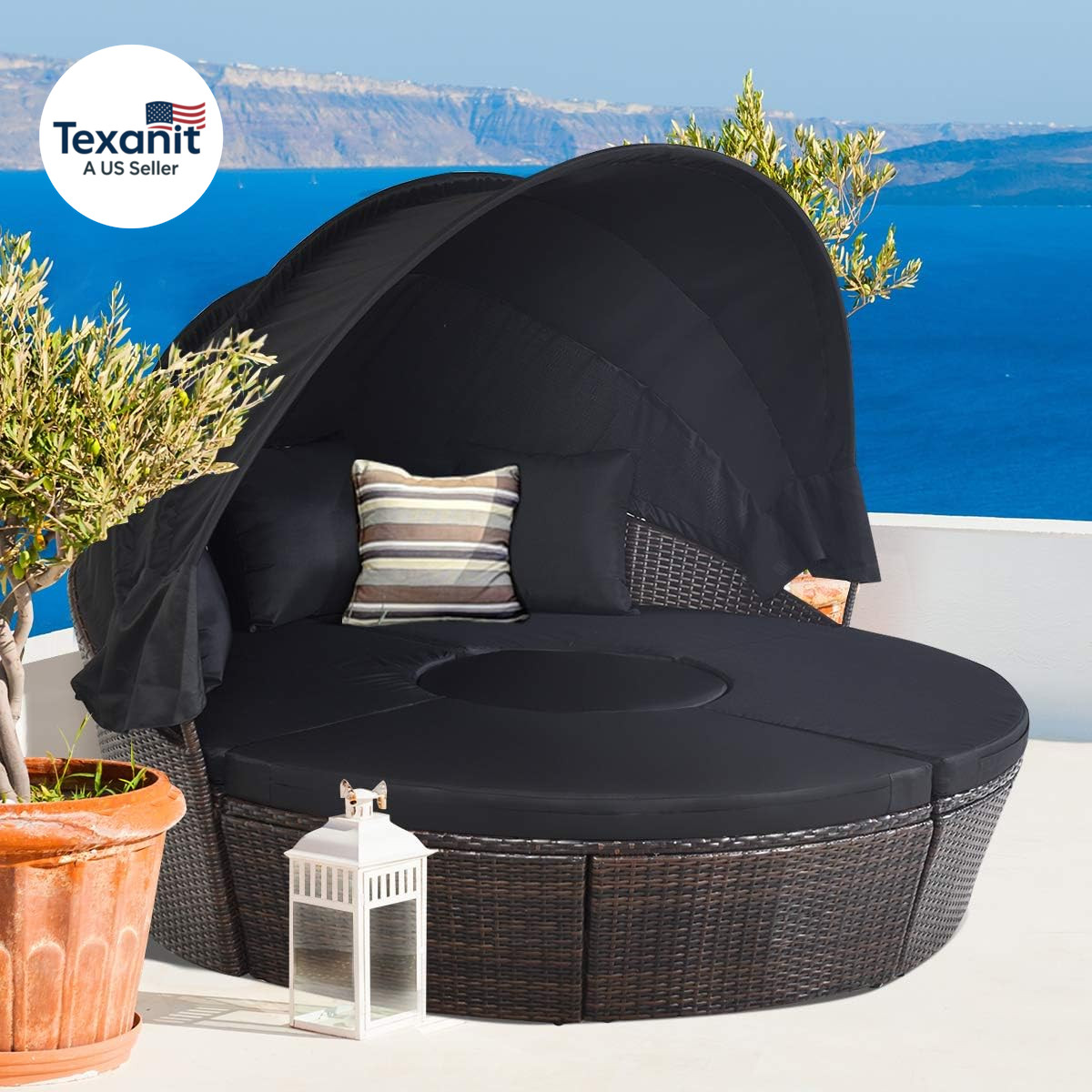 Patio round Daybed with Retractable Canopy, Outdoor Wicker Rattan Furniture Sets