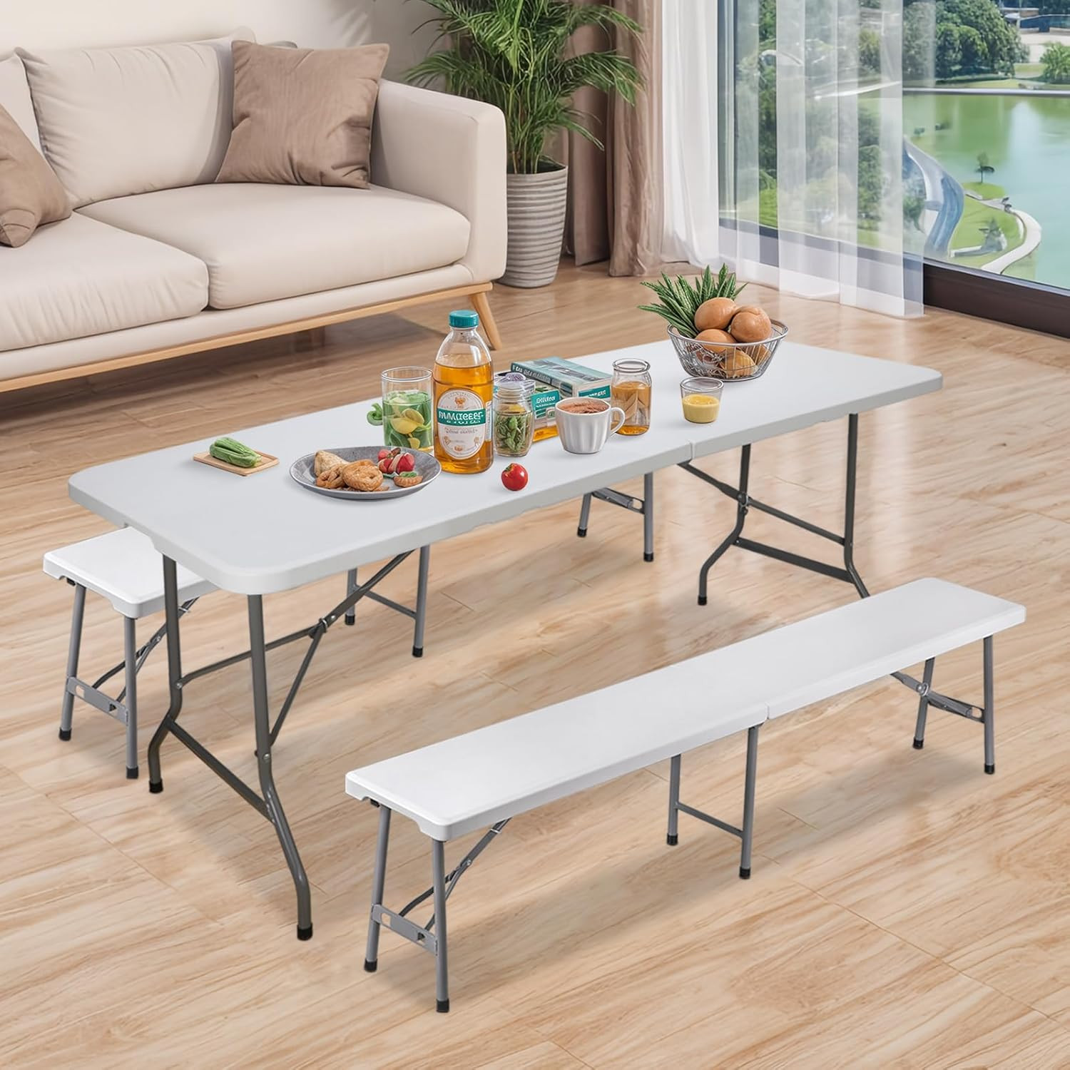6 Feet Picnic Table Set with 2 Benches, 3-Piece Camping Table Chair Set for Dini