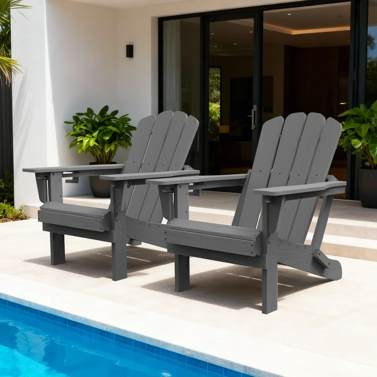 2pcs All-Weather HDPE Folding Adirondack Chair Fire Pit Chair w/Cup Holder,Gray