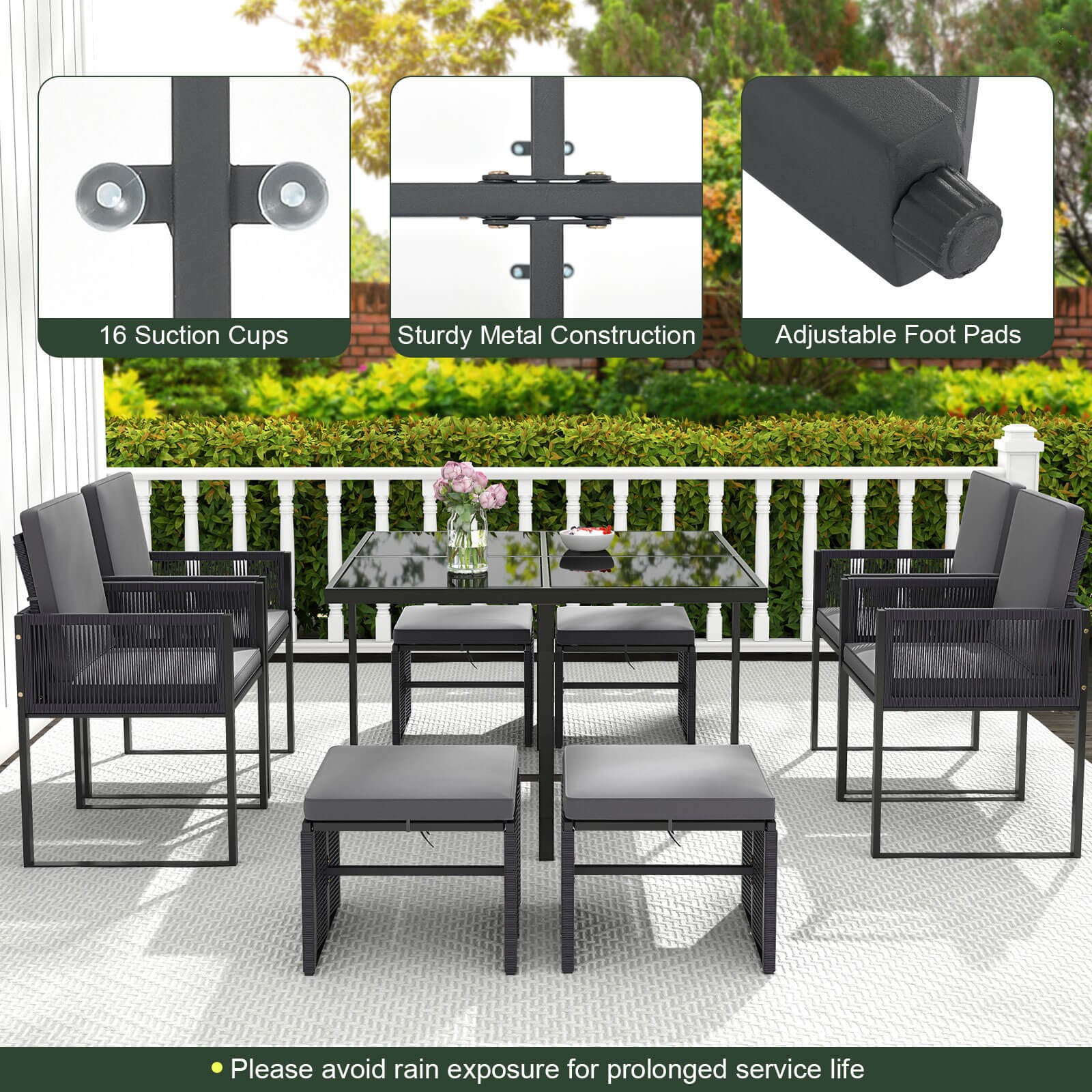 9 PCS Patio Dining Set w/ PE Rattan Chairs Tempered Glass Table and Ottomans
