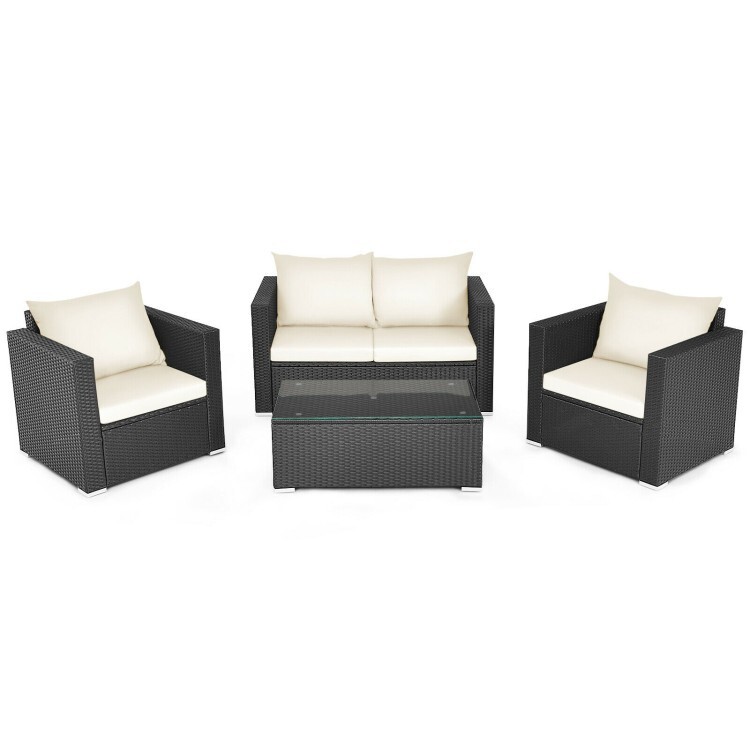4-Pieces Patio Rattan Wicker Furniture Set Outdoor Sectional Sofa White Cushions