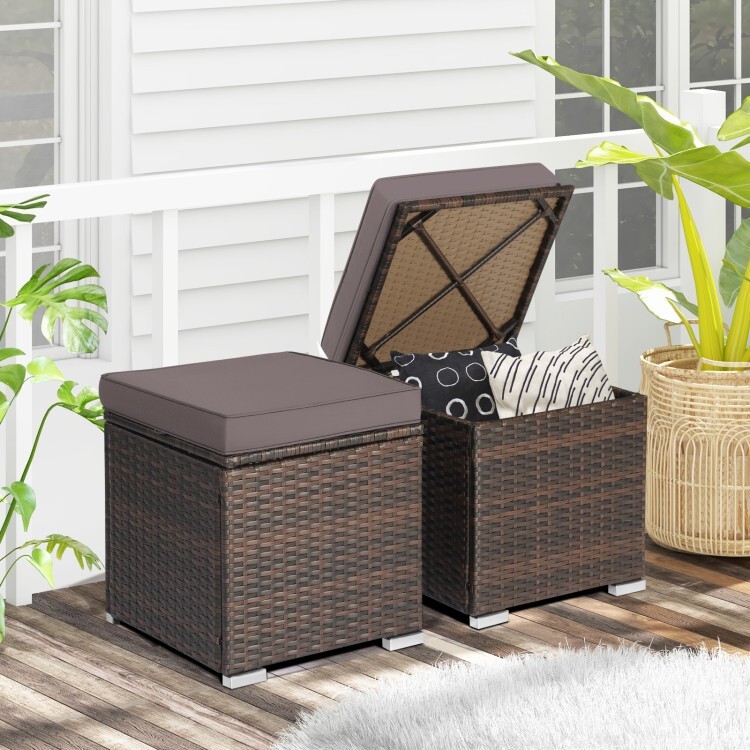 2PCS Patio Outdoor Rattan Wicker Ottoman Heavy-Duty With Hidden Storage Space