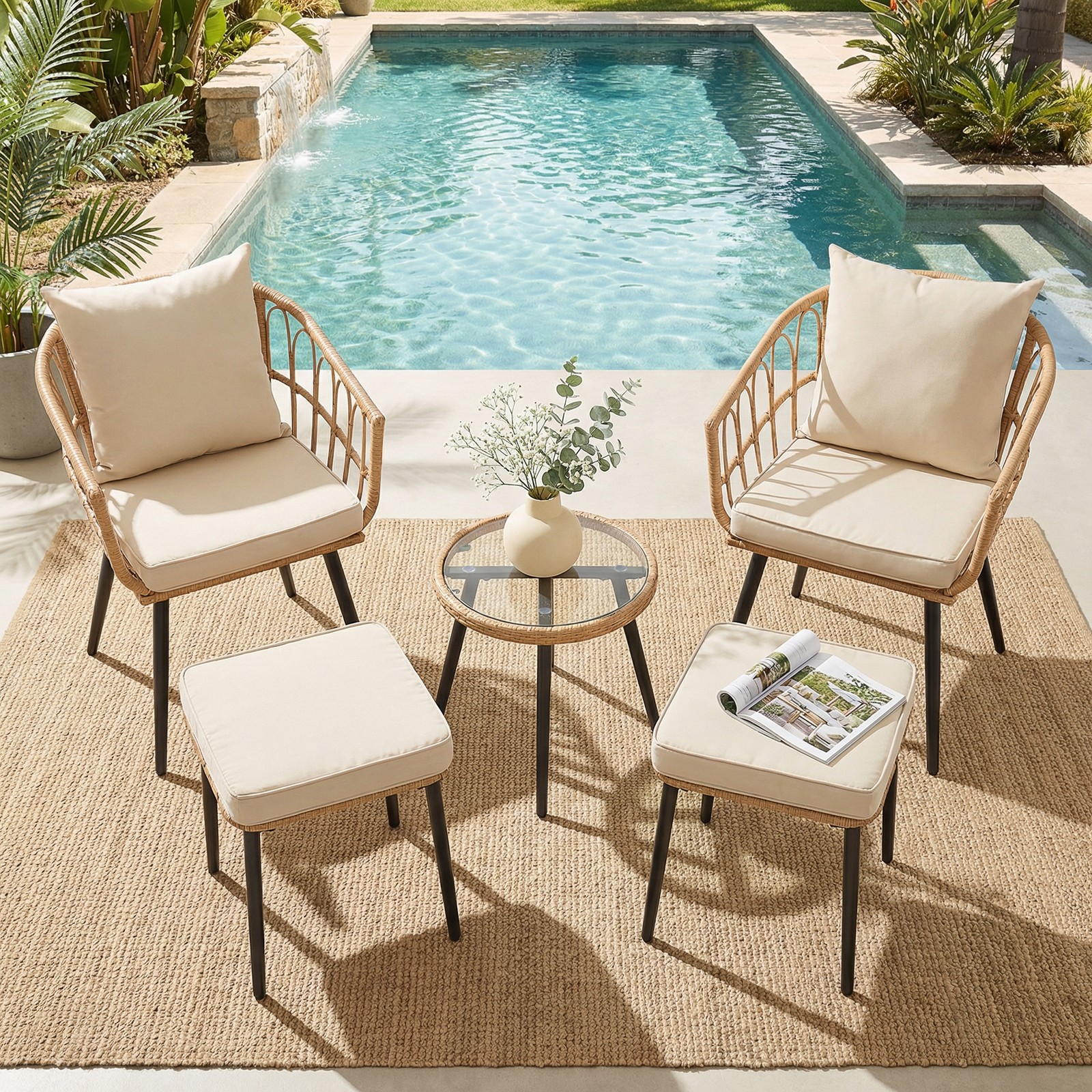 5-Piece Patio Furniture Set, Wicker Bistro with Ottoman & Table, Beige