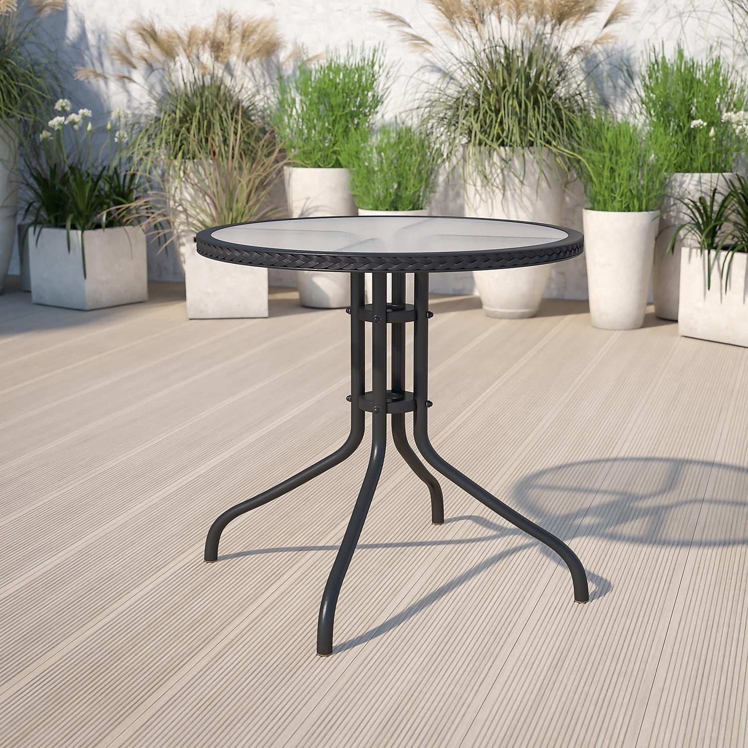 Flash Furniture 28Rd Glass Table W Rattan Edge In Clear Glass Top Black Rattan