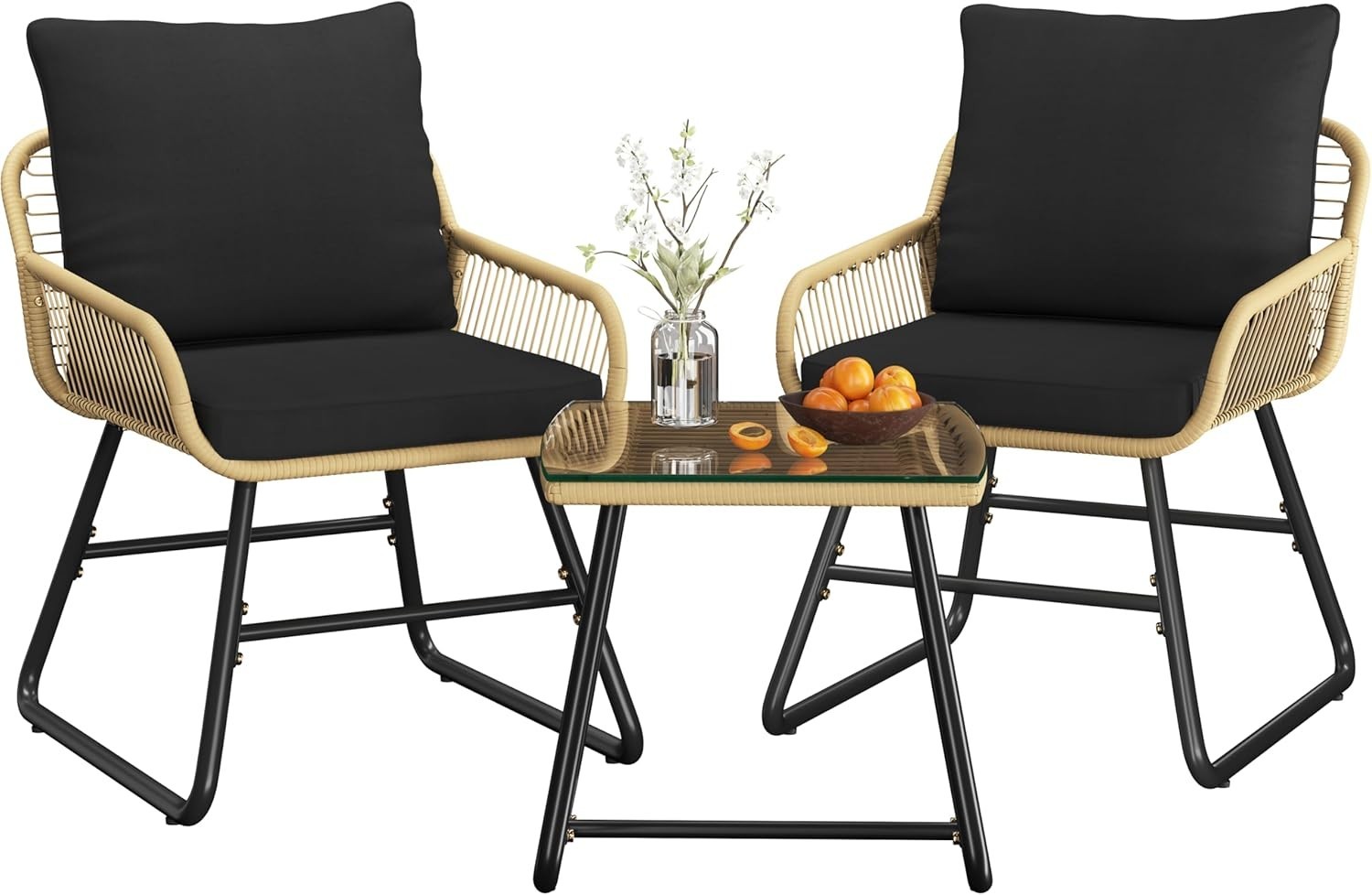 3 Piece Outdoor Patio Wicker Bistro Furniture Sets w/2 Rattan Chairs&Glass Table