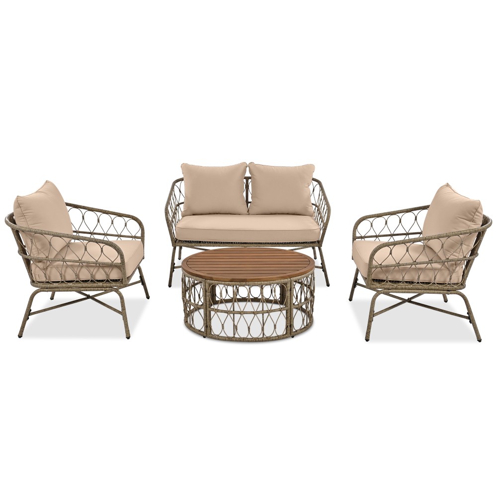 Bohemian 4-Person Patio Set w/Removable Cushions & Wood Table Top