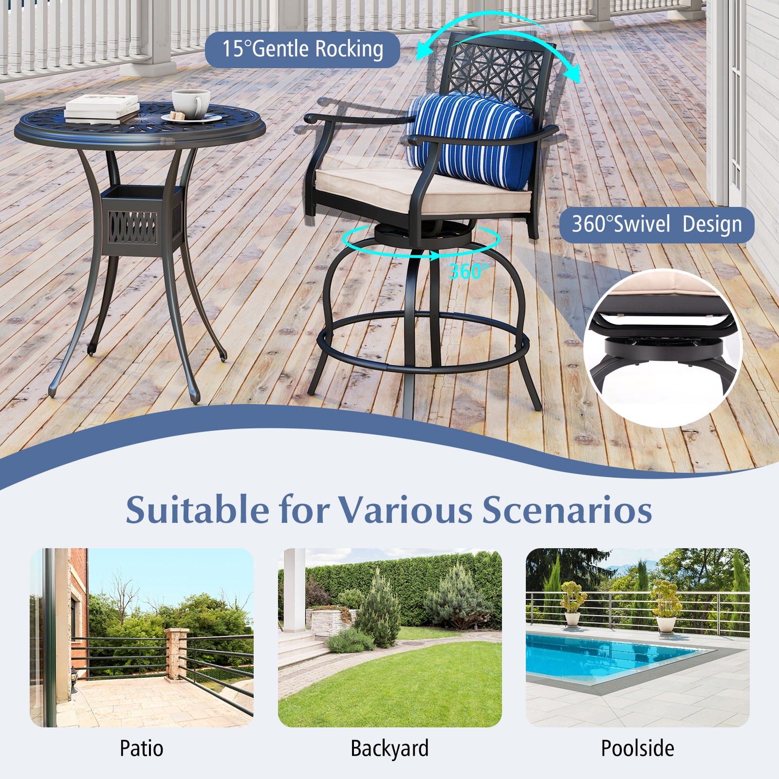 Patiojoy Set of 2 Patio Swivel Bar Stool Chairs Cushioned Pillow Armrest Rocking
