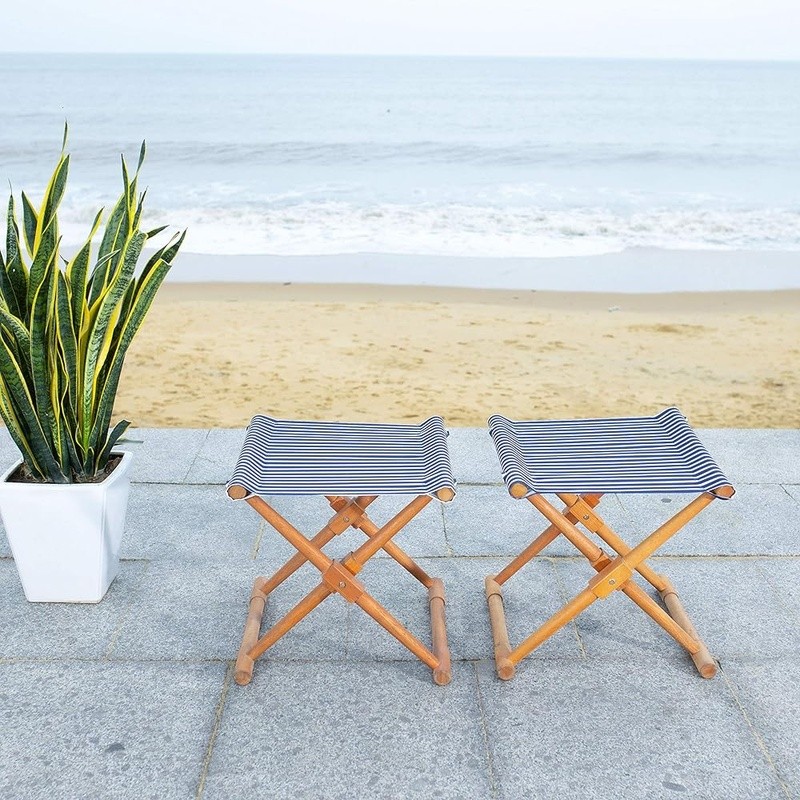 Outdoor Eucalyptus Wood Stools Set of 2 Coastal Patio Garden Furniture New