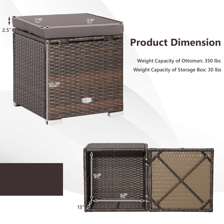 2PCS Patio Outdoor Rattan Wicker Ottoman Heavy-Duty With Hidden Storage Space