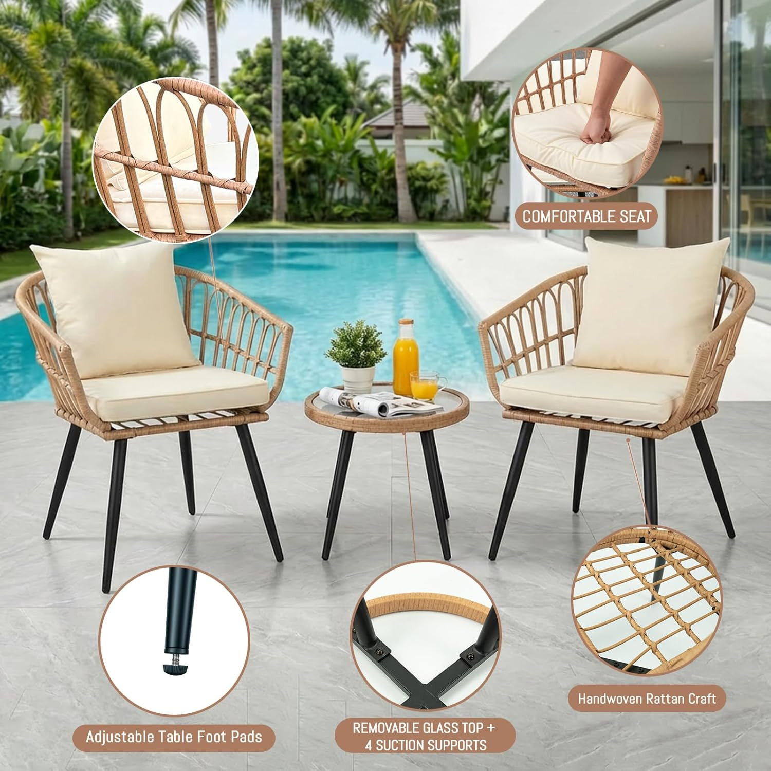 3 Piece Outdoor Patio Bistro Set,All-Weather Modern Wicker Table and Chairs Set