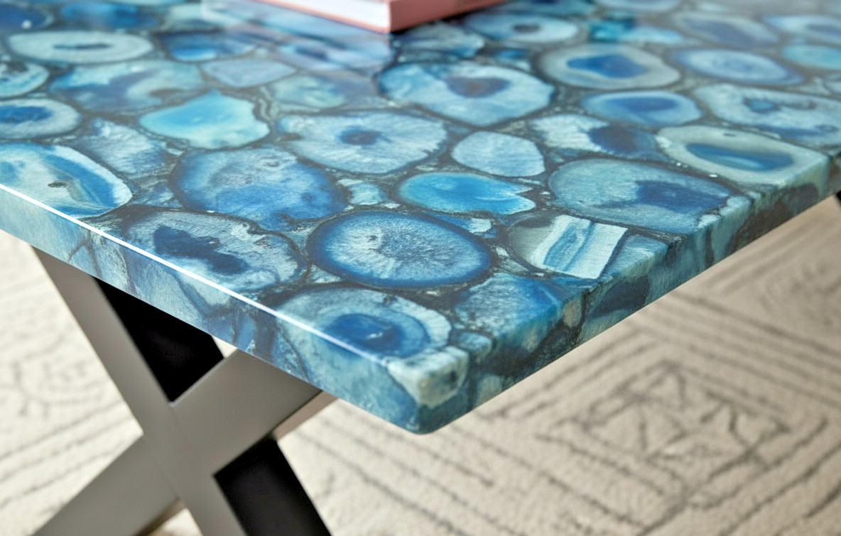 Polished Blue Agate Coffee Table Top – Luxury Natural Gemstone Furniture