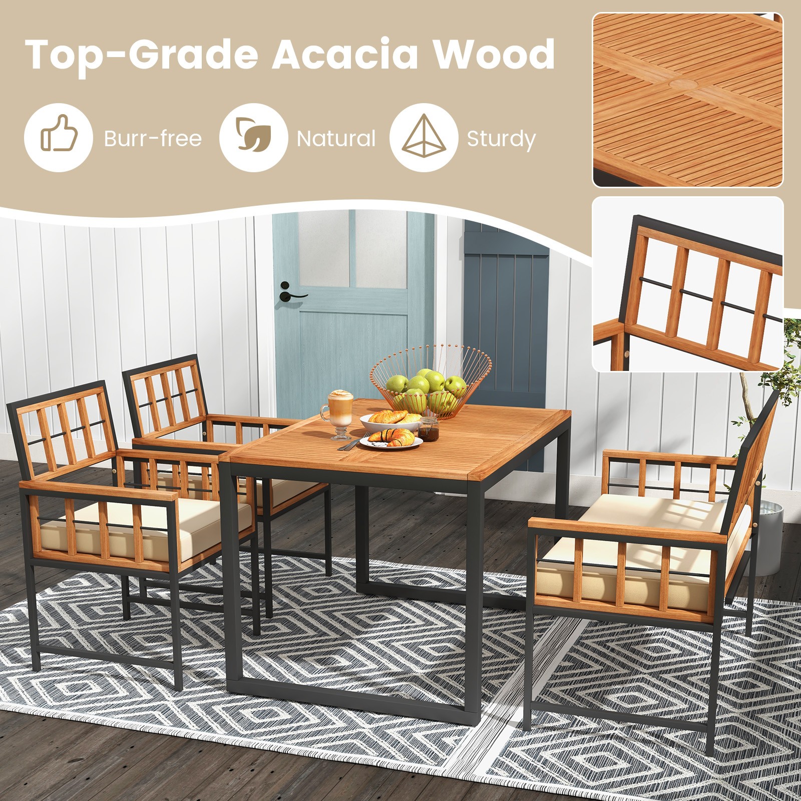 4 Piece Patio Dining Set Outdoor Wood Dining Furniture W/ 2 Chairs & 1 Loveseat