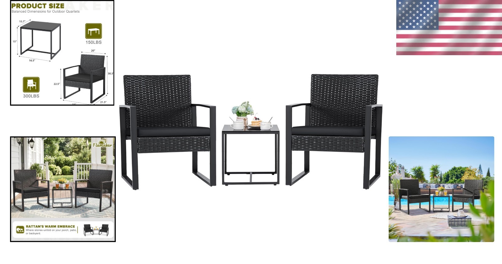 Durable 3-Piece Black Rattan Chair Set with Coffee Table for Outdoor Relaxation