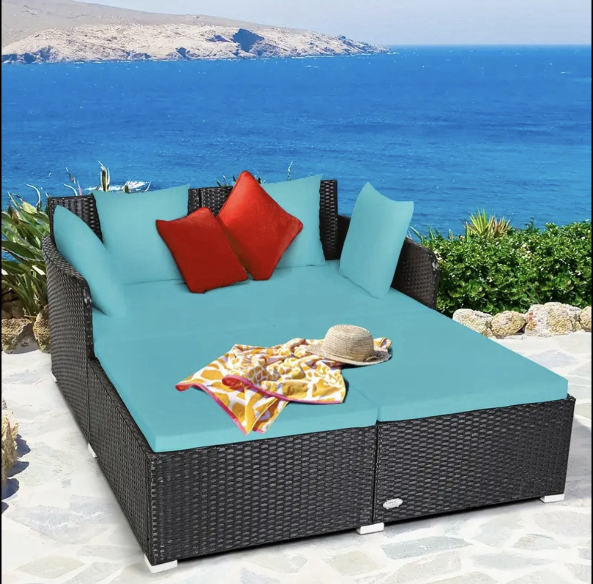 Outdoor Patio Rattan Daybed Pillows Cushioned Sofa Furniture Rattan Design