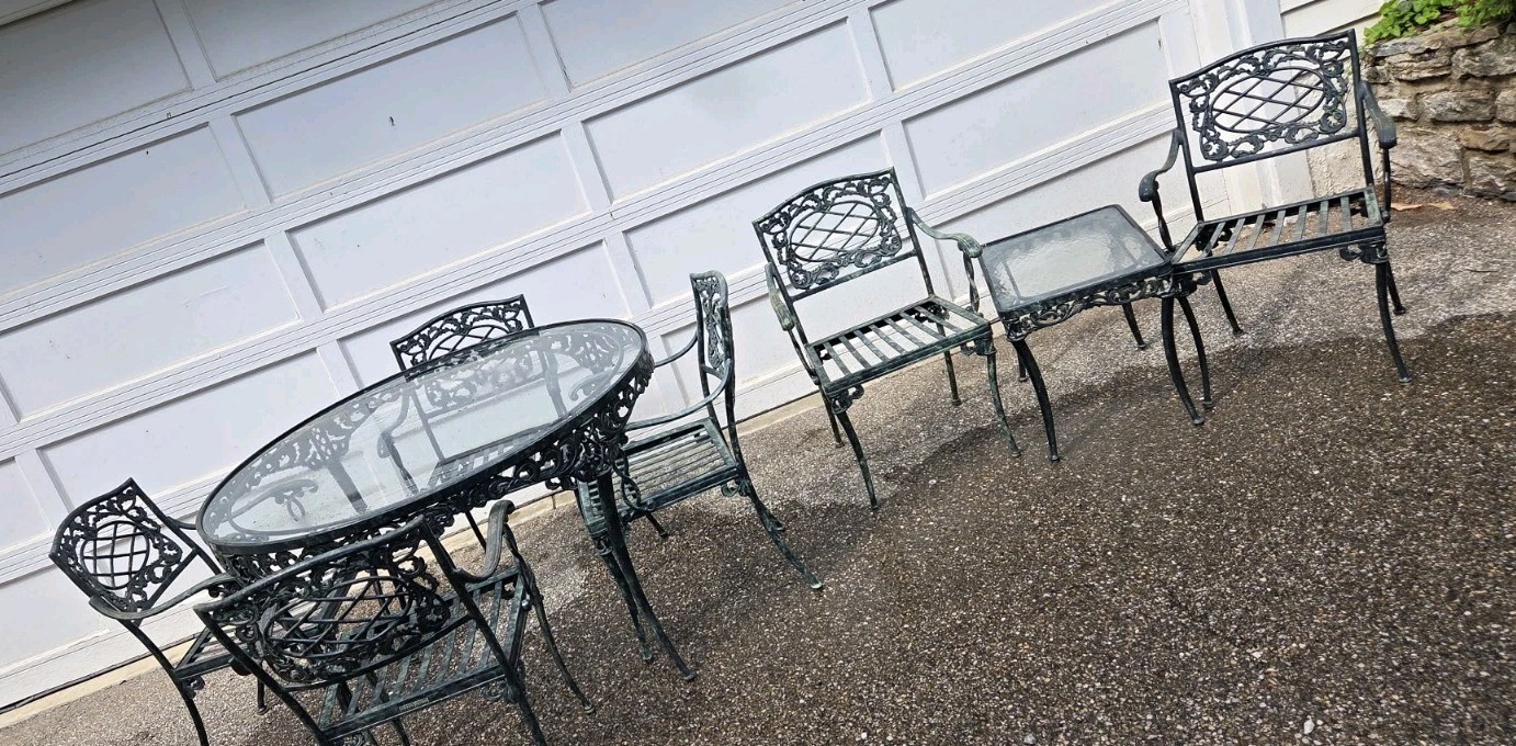 Vintage Brown Jordan Cast Aluminum Patio Table Set 9 Pcs