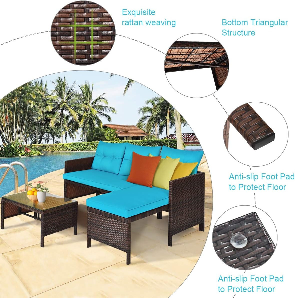 Patio Corner Sofa Set 3 Piece, Outdoor Rattan Sofa Set, Includes Lounge Chaise,