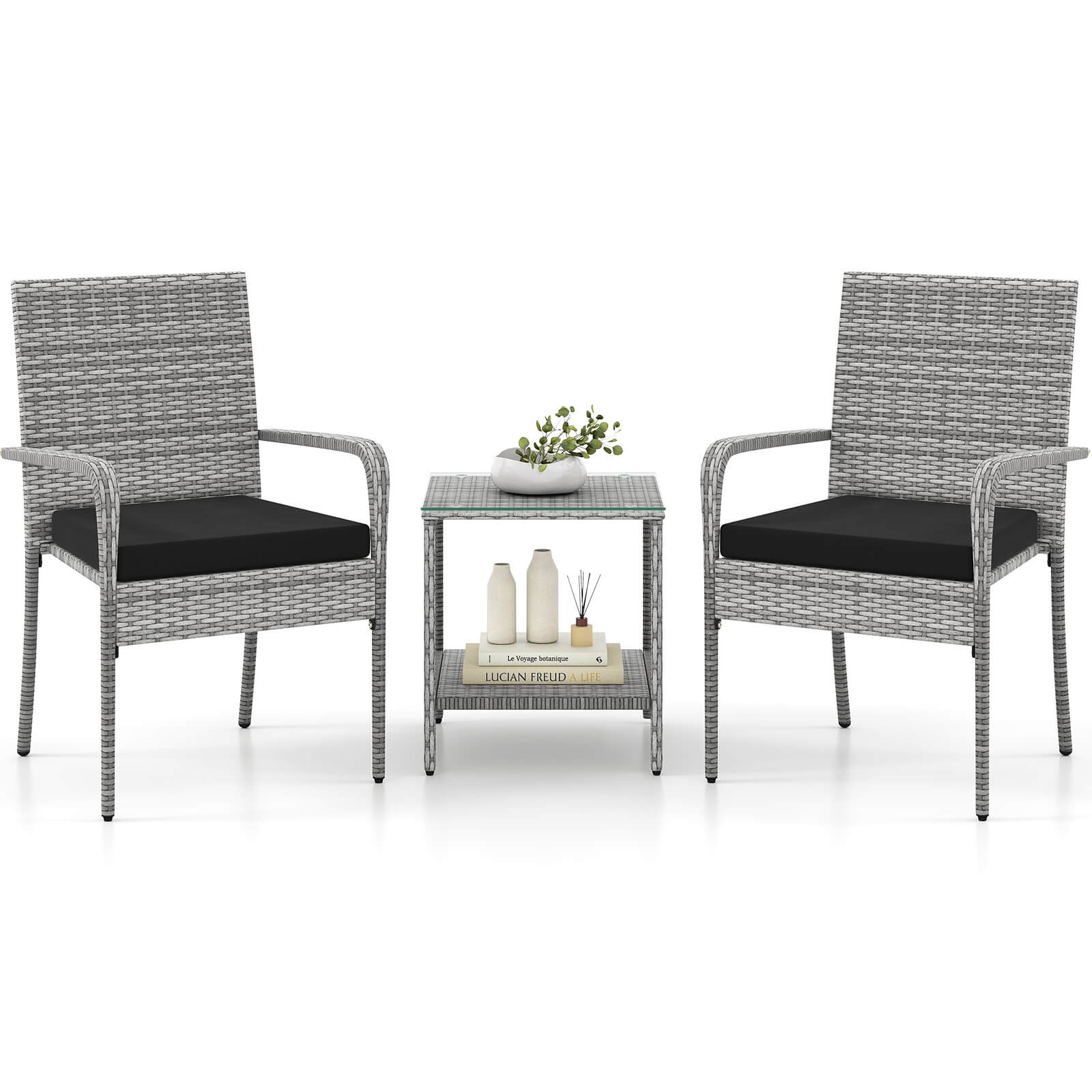3 PCS Patio Furniture Set w/ Seat Cushions & Tempered Glass Tabletop