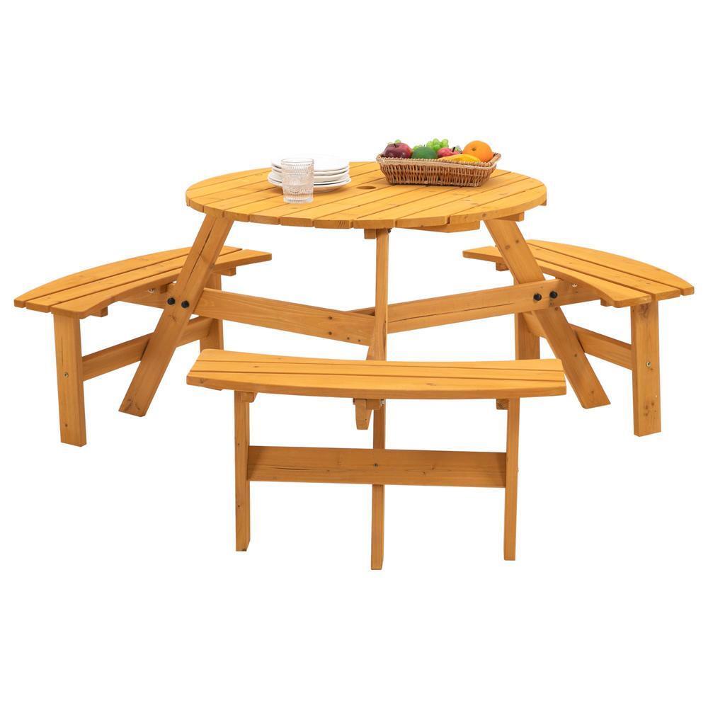 6-Person Circular Outdoor Wooden Picnic Table w/ 3 Built-in Benches for Patio