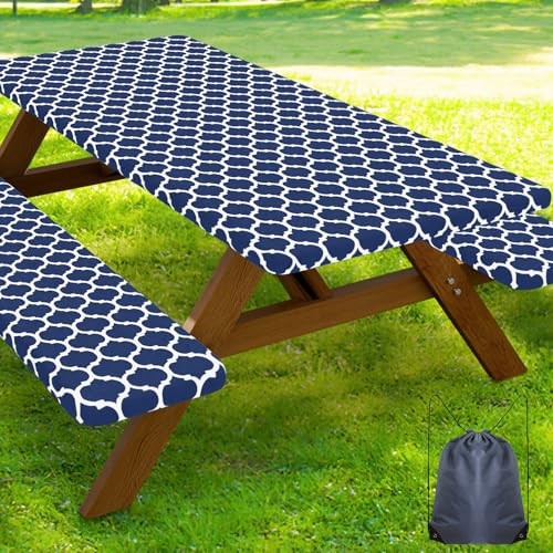 Picnic Table Cover with Bench Covers, Waterproof Elastic Fitted 30″ x 72″ Navy