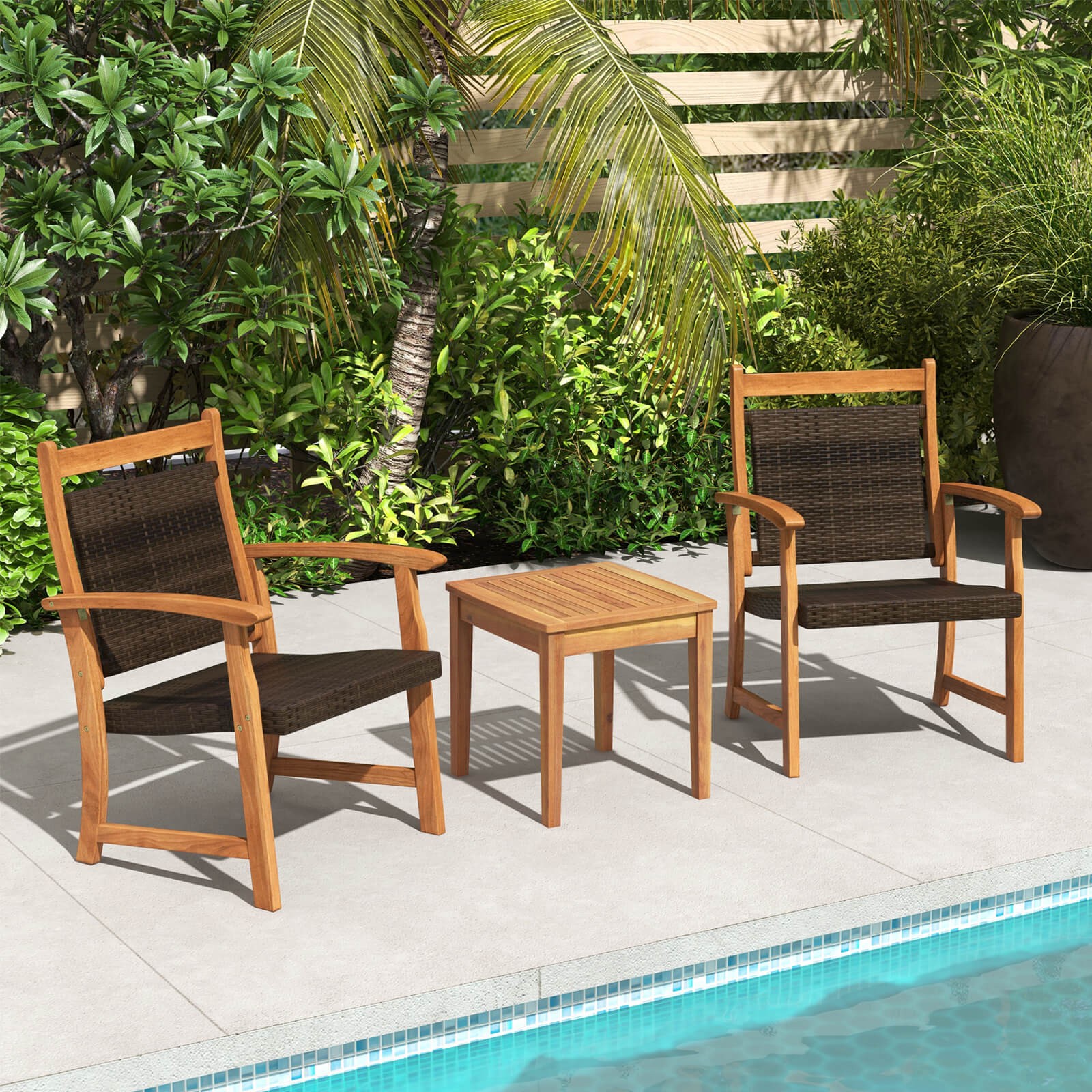 Patiojoy Patio 3PCS Rattan Bistro Set Acacia Wood Frame Armrest Chairs Garden